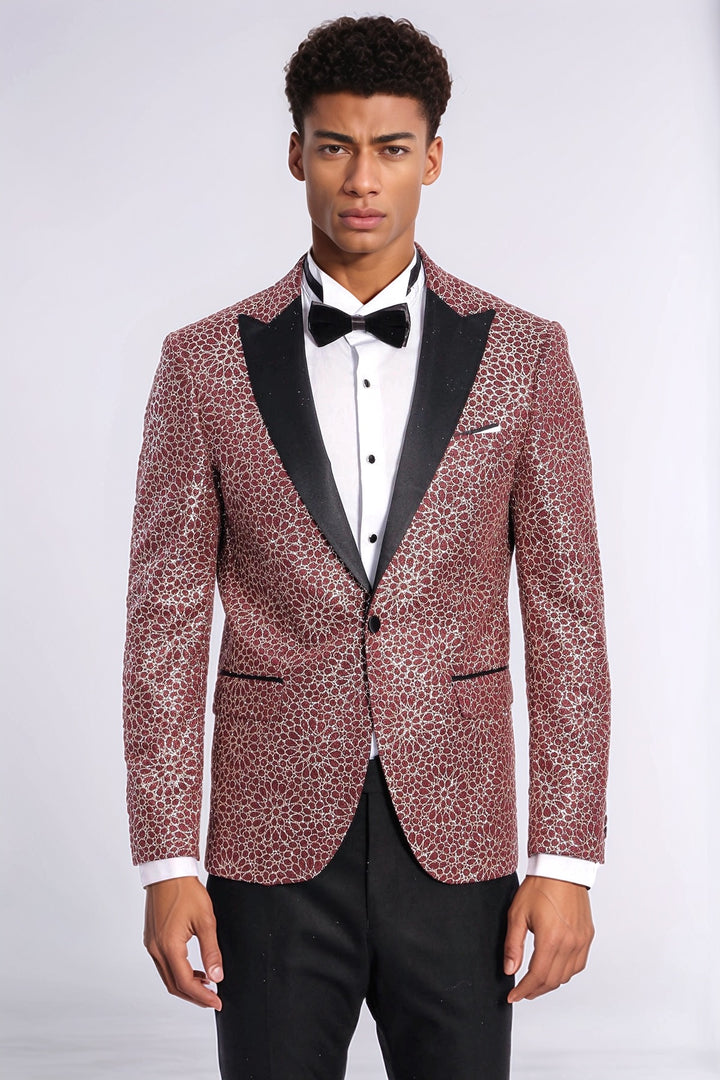 Blazer de bal pour hommes bordeaux à motif brodé de fleurs - Wessi