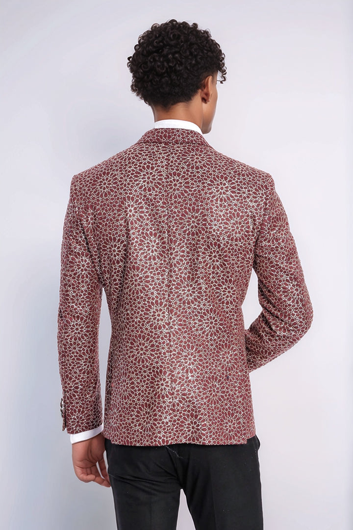 Blazer de bal pour hommes bordeaux à motif brodé de fleurs - Wessi