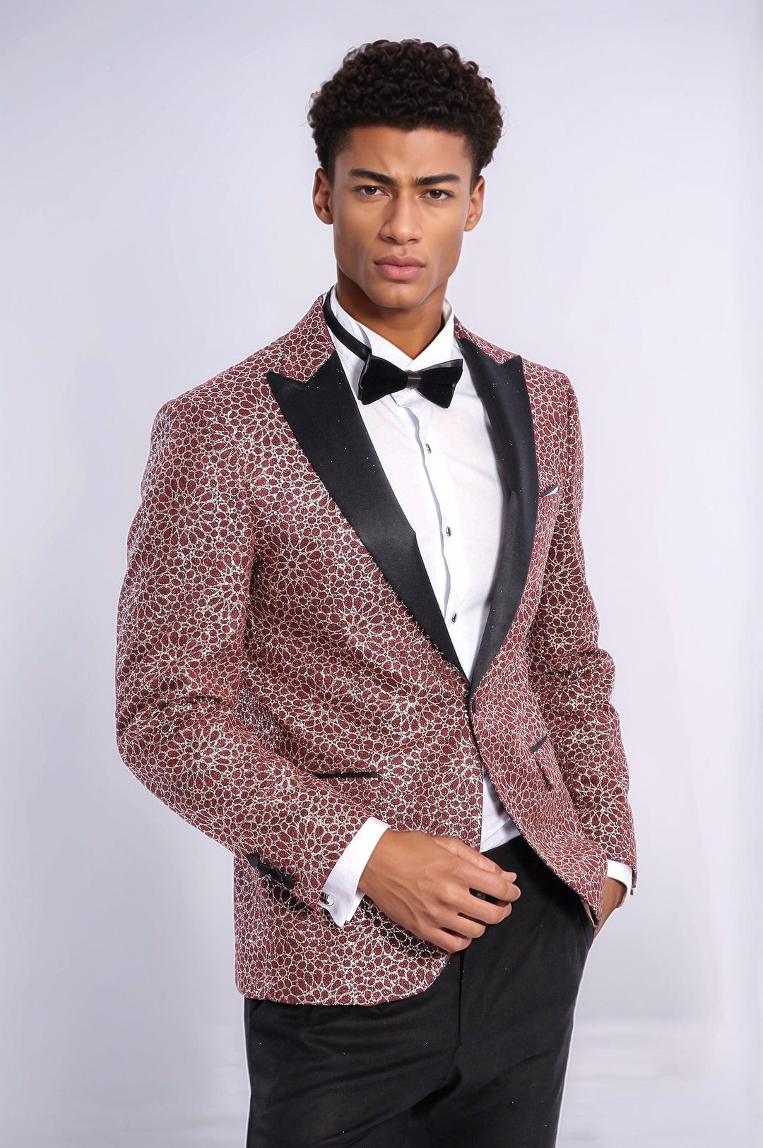 Blazer de bal pour hommes bordeaux à motif brodé de fleurs - Wessi