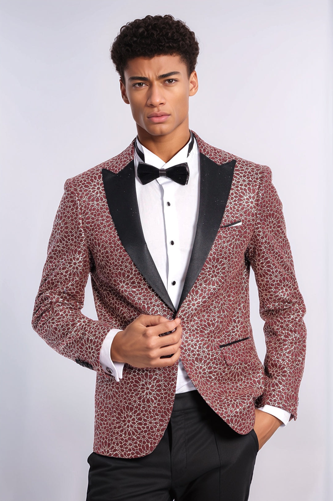 Blazer de bal pour hommes bordeaux à motif brodé de fleurs - Wessi