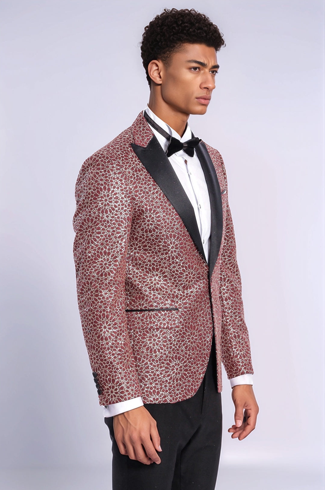 Blazer de bal pour hommes bordeaux à motif brodé de fleurs - Wessi