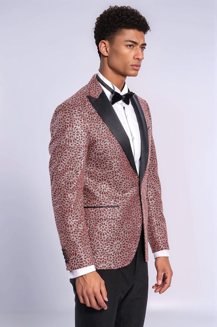 Blazer de bal pour hommes bordeaux à motif brodé de fleurs - Wessi
