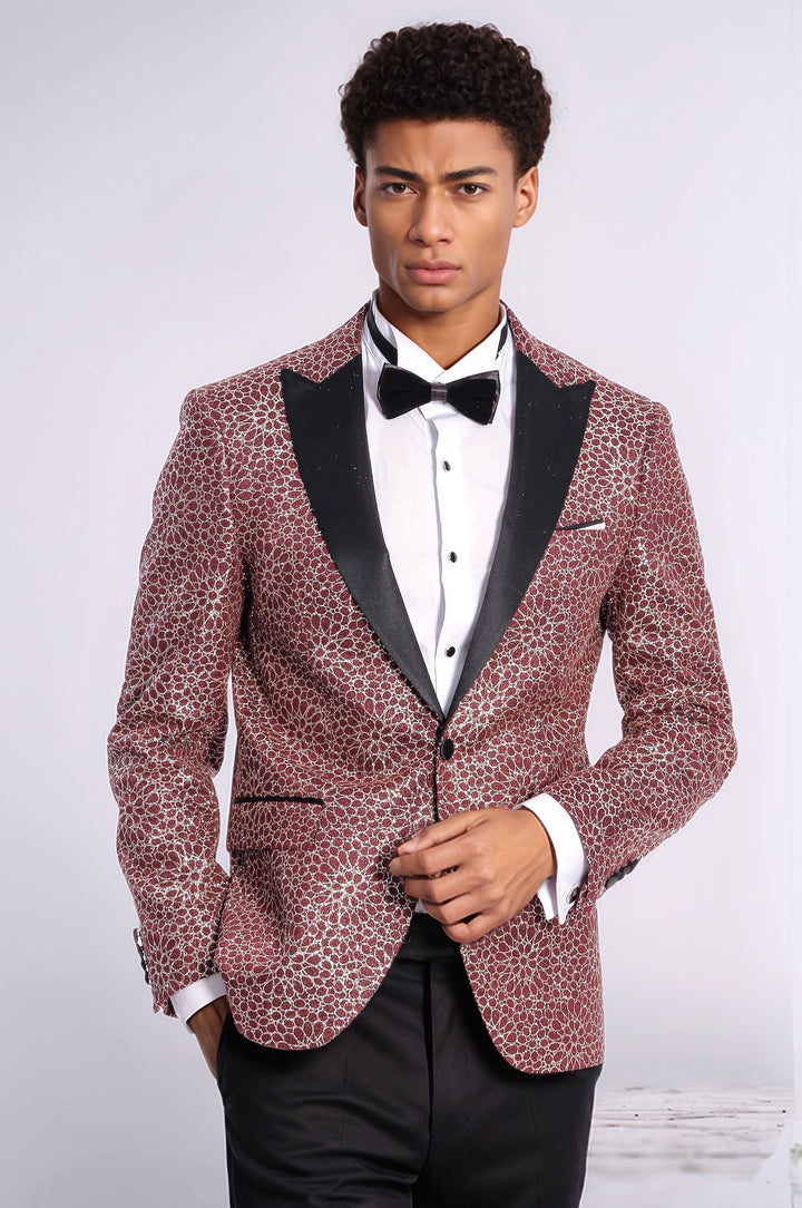 Blazer de bal pour hommes bordeaux à motif brodé de fleurs - Wessi