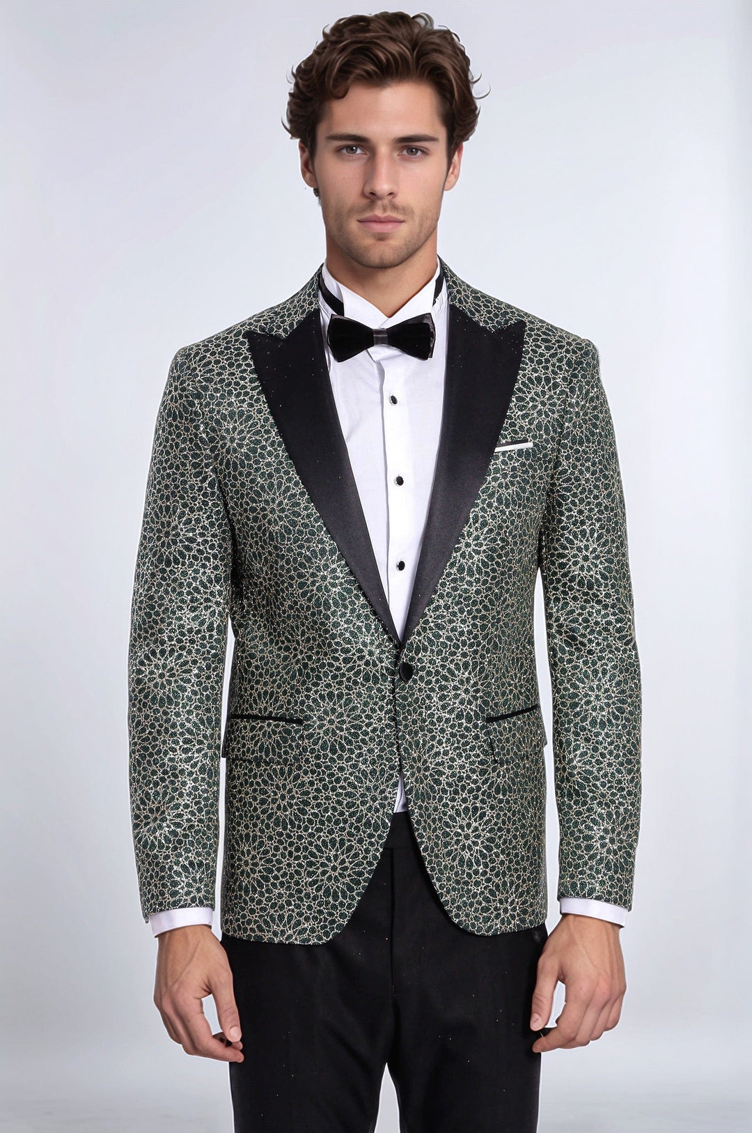 Flower Embroidered Pattern Green Men Party Tuxedo Jacket - Wessi