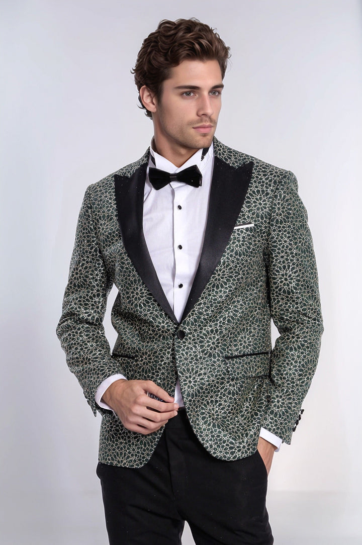 Flower Embroidered Pattern Green Men Party Tuxedo Jacket - Wessi
