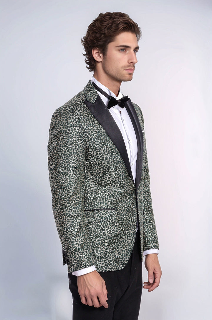Flower Embroidered Pattern Green Men Party Tuxedo Jacket - Wessi