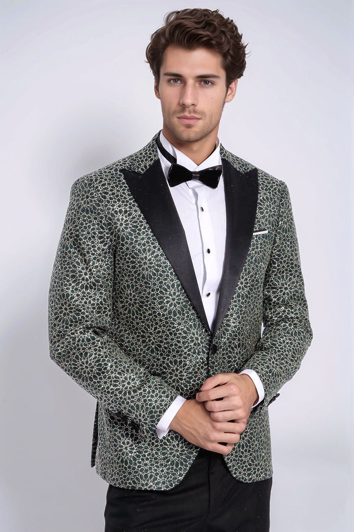 Flower Embroidered Pattern Green Men Party Tuxedo Jacket - Wessi