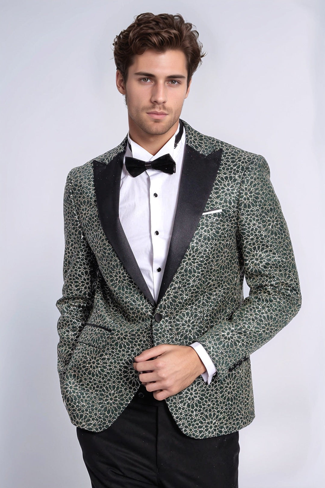 Flower Embroidered Pattern Green Men Party Tuxedo Jacket - Wessi