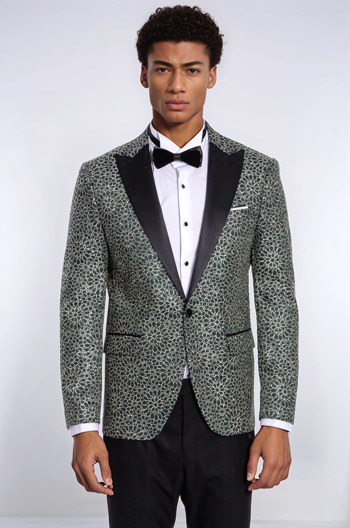 Blazer da uomo verde con motivo ricamato a fiori - Wessi