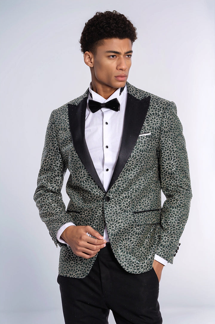 Blazer da uomo verde con motivo ricamato a fiori - Wessi