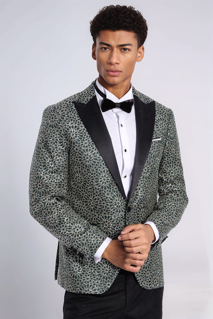 Blazer da uomo verde con motivo ricamato a fiori - Wessi