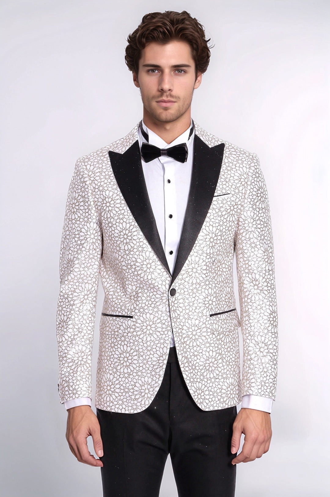 Flower Embroidered Pattern White Men Wedding Tuxedo Jacket - Wessi