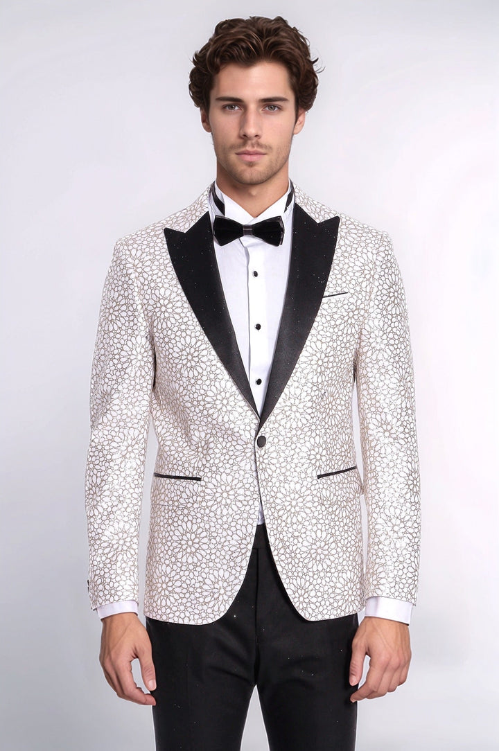 Flower Embroidered Pattern White Men Wedding Tuxedo Jacket - Wessi