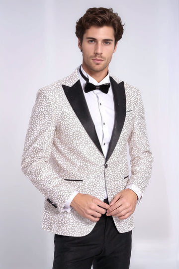 Flower Embroidered Pattern White Men Wedding Tuxedo Jacket - Wessi