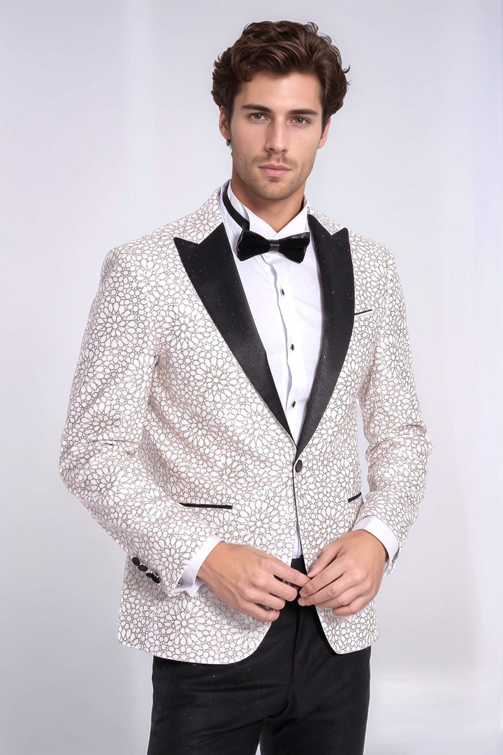 Flower Embroidered Pattern White Men Wedding Tuxedo Jacket - Wessi
