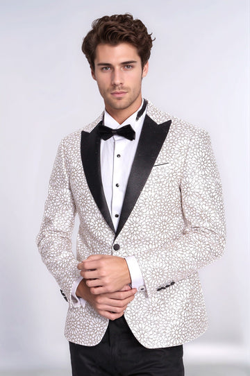 Flower Embroidered Pattern White Men Wedding Tuxedo Jacket - Wessi