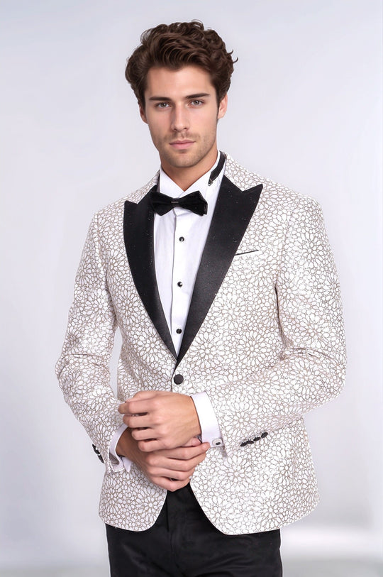 Flower Embroidered Pattern White Men Wedding Tuxedo Jacket - Wessi
