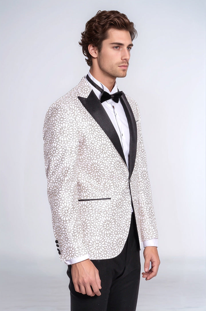Flower Embroidered Pattern White Men Wedding Tuxedo Jacket - Wessi