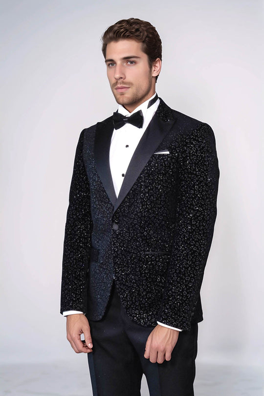 Leopard Pattern Slim Fit Black Men Evening Dinner Blazer - Wessi