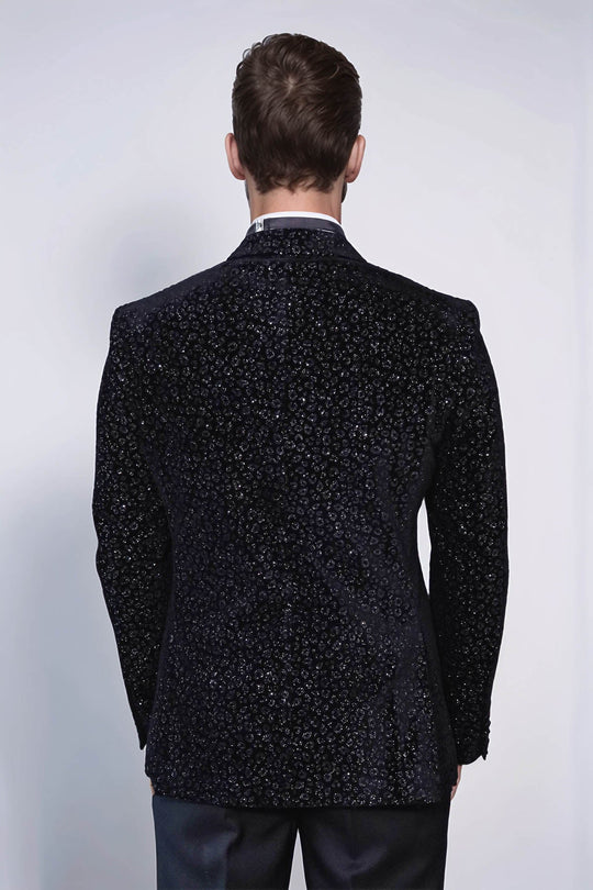 Leopard Pattern Slim Fit Black Men Evening Dinner Blazer - Wessi