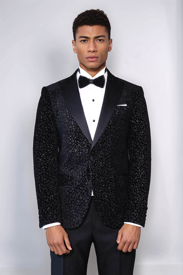 Combinación de blazer y pantalón de graduación para hombre en color negro con estampado de leopardo y corte slim - Wessi