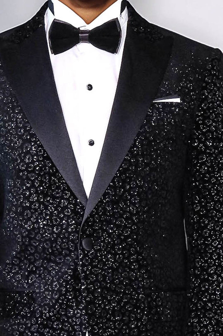 Leopard Pattern Slim Fit Black Men Evening Dinner Blazer - Wessi