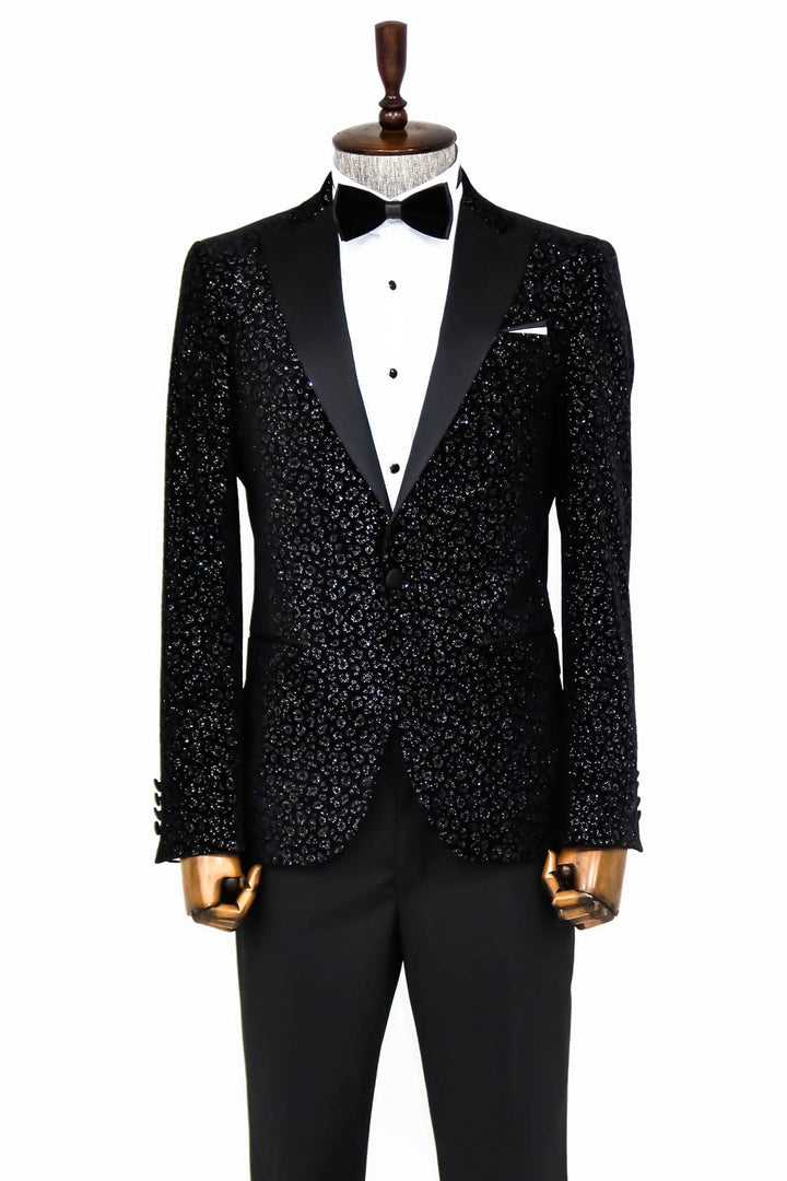 Leopard Pattern Slim Fit Black Men Prom Blazer - Wessi
