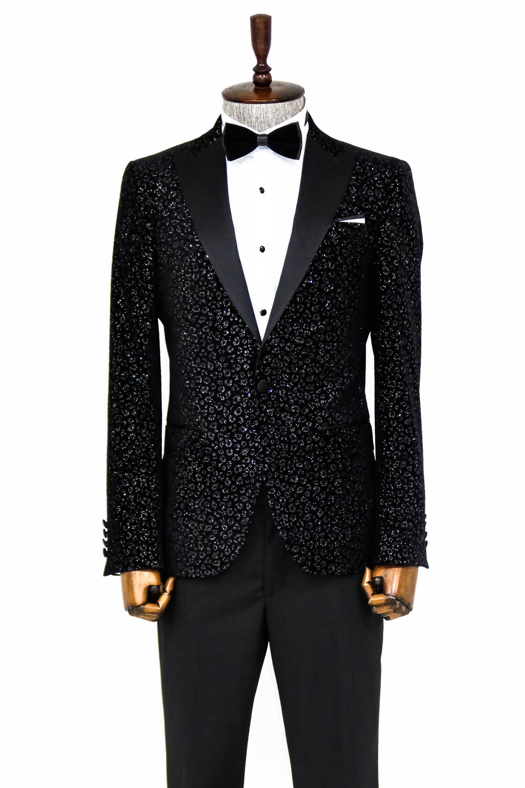 Leopard Pattern Slim Fit Black Men Prom Blazer and Trousers Combination - Wessi