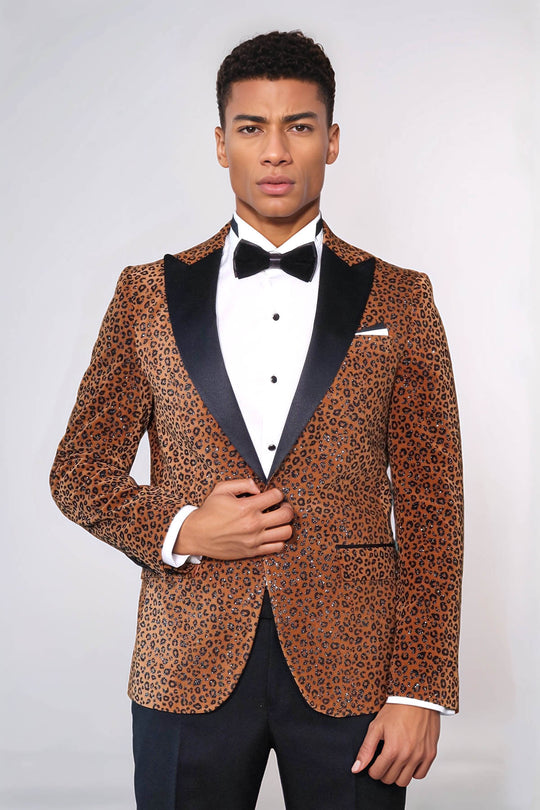 Leopard Pattern Slim Fit Peak Lapel Yellow Men Tuxedo Party Blazer