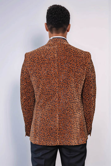 Leopard Pattern Slim Fit Peak Lapel Yellow Men Tuxedo Party Blazer
