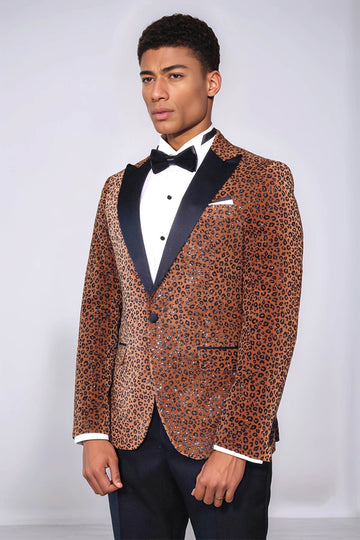 Leopard Pattern Slim Fit Peak Lapel Yellow Men Tuxedo Party Blazer