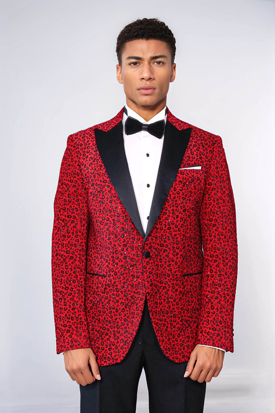 Leopard Pattern Slim Fit Peak Lapel Burgundy Men Tuxedo Party Blazer