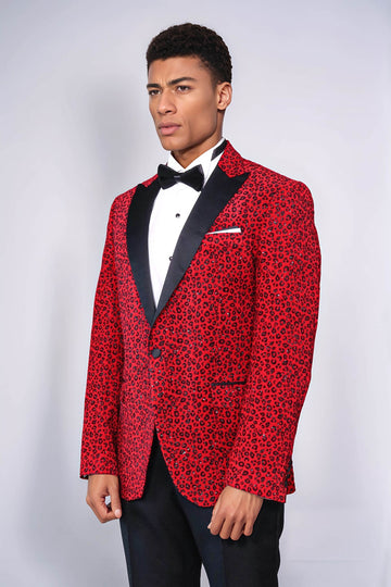 Leopard Pattern Slim Fit Peak Lapel Burgundy Men Tuxedo Party Blazer