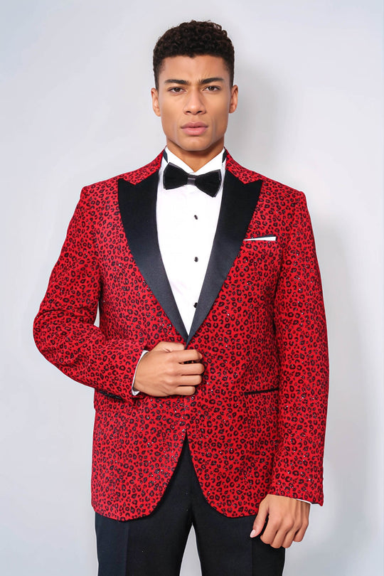 Leopard Pattern Slim Fit Peak Lapel Burgundy Men Tuxedo Party Blazer