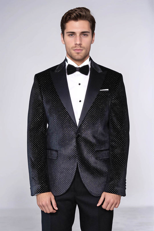 Sparkling Dotted Peak Lapel Men's Black Tuxedo Jacket - Wessi
