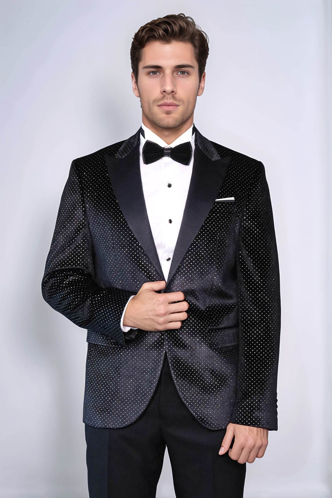 Sparkling Dotted Peak Lapel Men's Black Tuxedo Jacket - Wessi