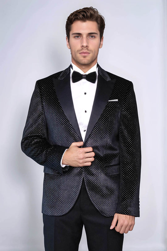 Sparkling Dotted Peak Lapel Men's Black Tuxedo Jacket - Wessi
