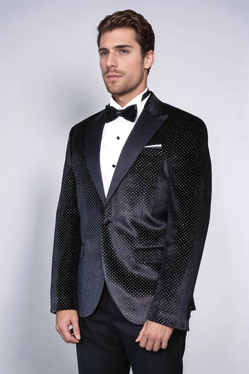 Sparkling Dotted Peak Lapel Men's Black Tuxedo Jacket - Wessi