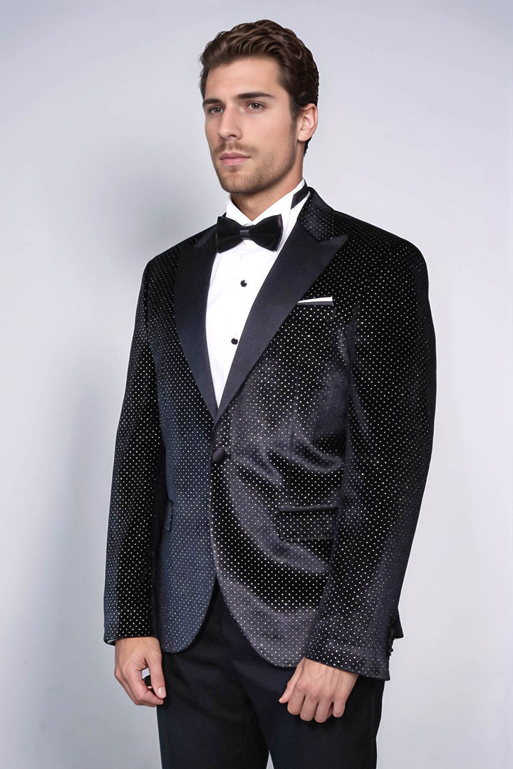 Sparkling Dotted Peak Lapel Men's Black Tuxedo Jacket - Wessi