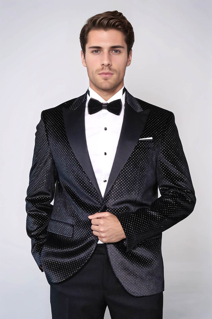 Sparkling Dotted Peak Lapel Men's Black Tuxedo Jacket - Wessi