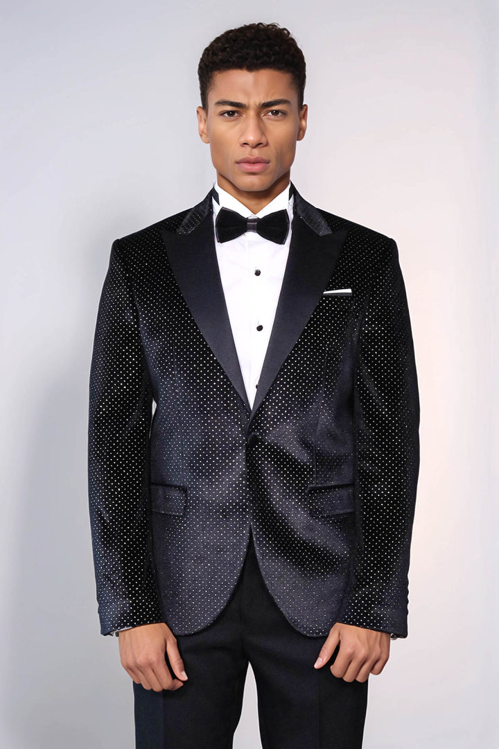 Sparkling Dotted Peak Lapel Men's Black Tuxedo Jacket - Wessi