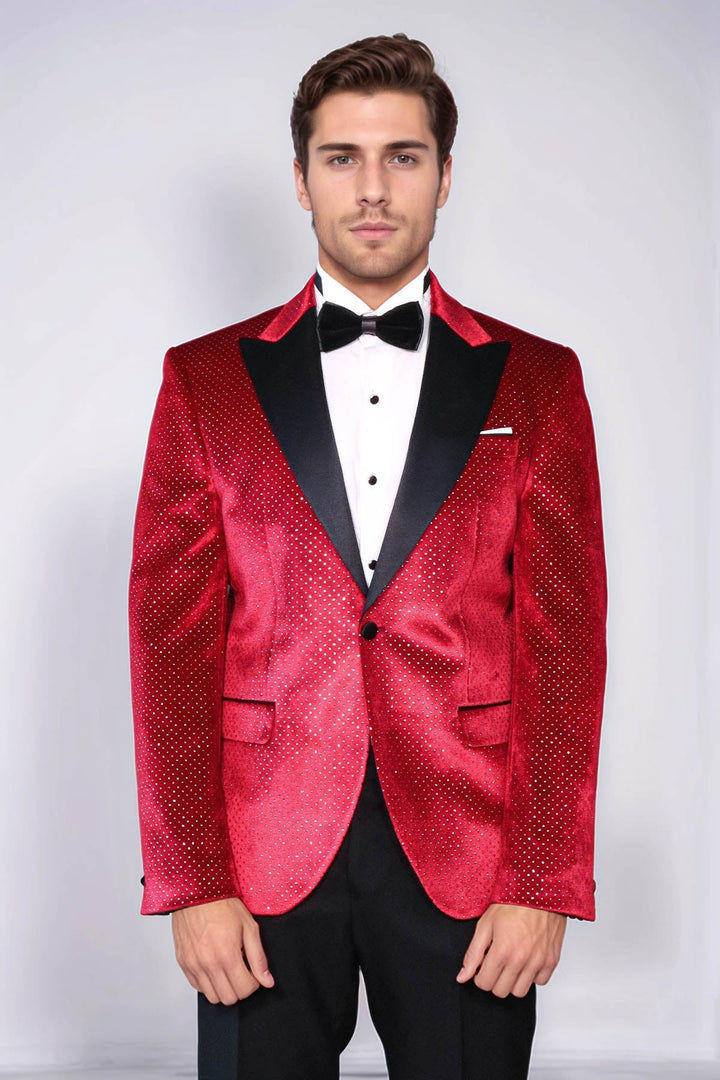 Sparkling Dotted Peak Lapel Men's Burgundy Tuxedo Jacket - Wessi