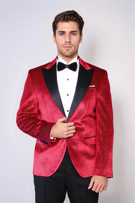 Sparkling Dotted Peak Lapel Men's Burgundy Tuxedo Jacket - Wessi