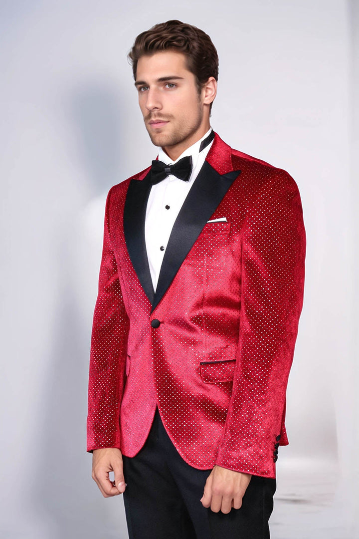Sparkling Dotted Peak Lapel Men's Burgundy Tuxedo Jacket - Wessi