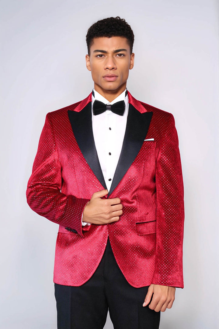 Sparkling Dotted Peak Lapel Men's Burgundy Tuxedo Jacket - Wessi