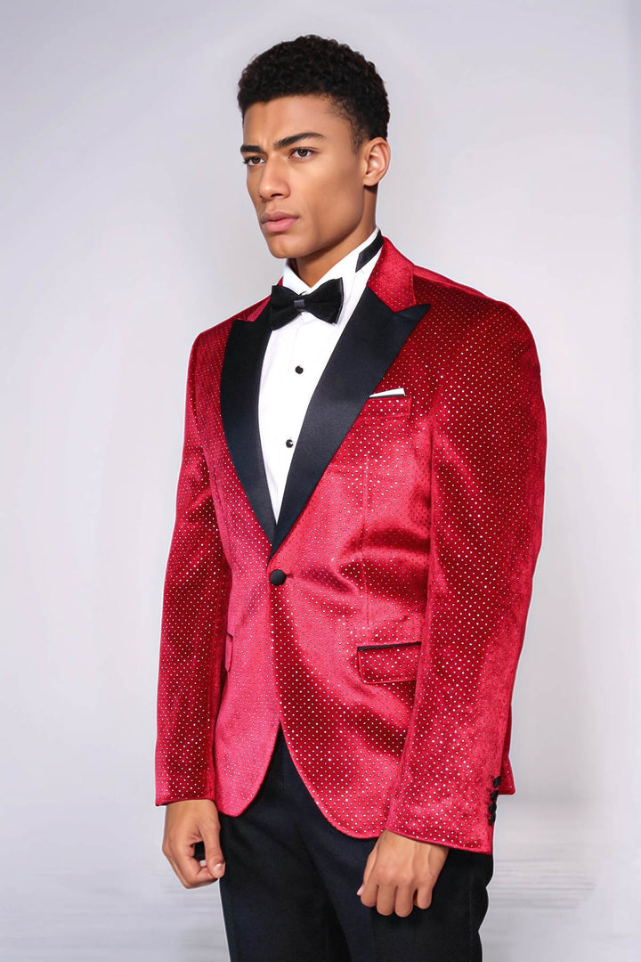Sparkling Dotted Peak Lapel Men's Burgundy Tuxedo Jacket - Wessi