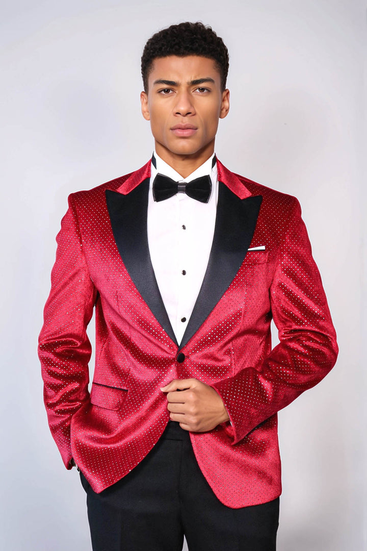 Sparkling Dotted Peak Lapel Men's Burgundy Tuxedo Jacket - Wessi