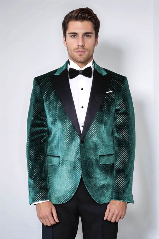 Sparkling Dotted Peak Lapel Men's Green Tuxedo Jacket - Wessi