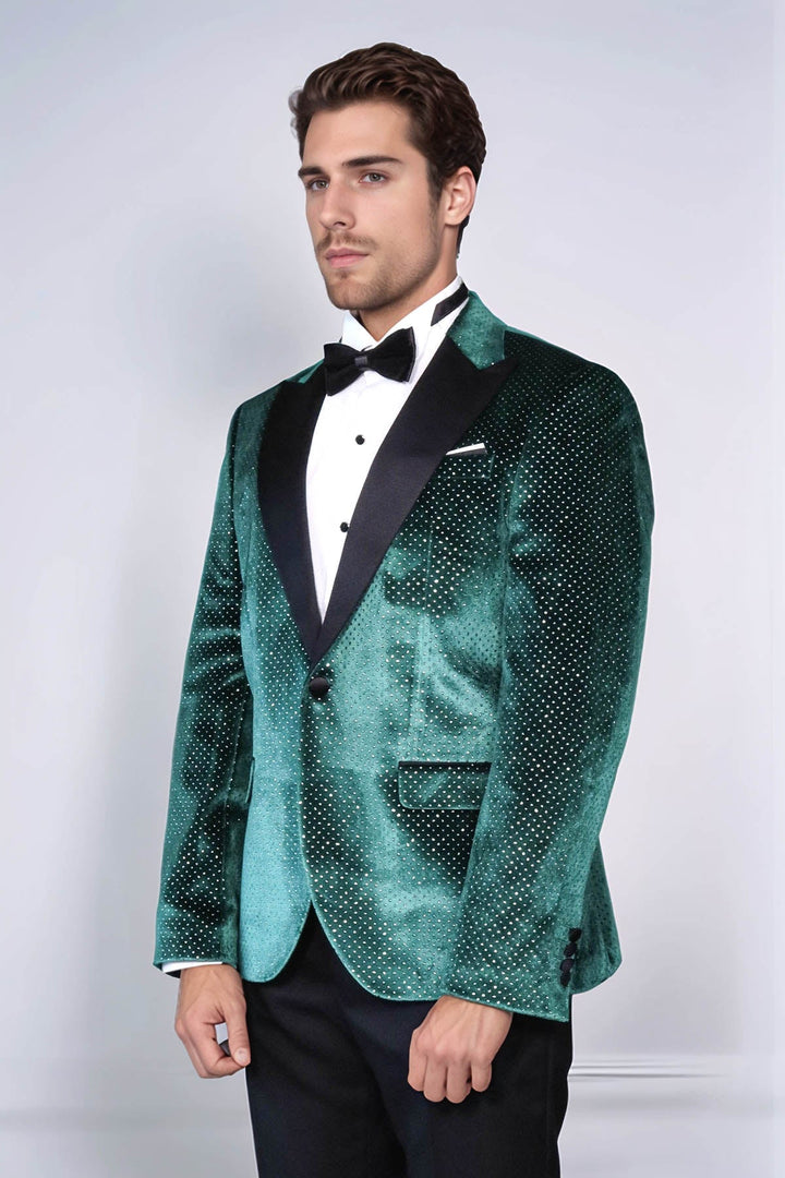 Sparkling Dotted Peak Lapel Men's Green Tuxedo Jacket - Wessi