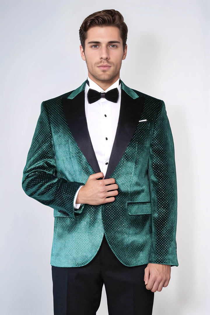 Sparkling Dotted Peak Lapel Men's Green Tuxedo Jacket - Wessi